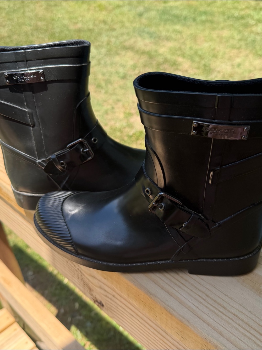 Coach Black Rubber Short Rain Boots with Silver Logo Plate